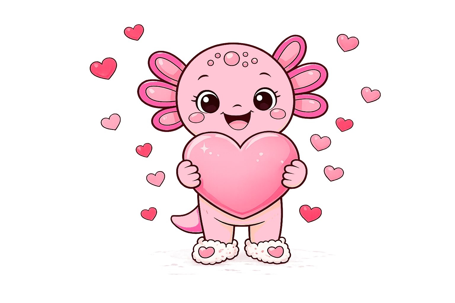 Coco the Axolotl holding a heart for Valentine's Day