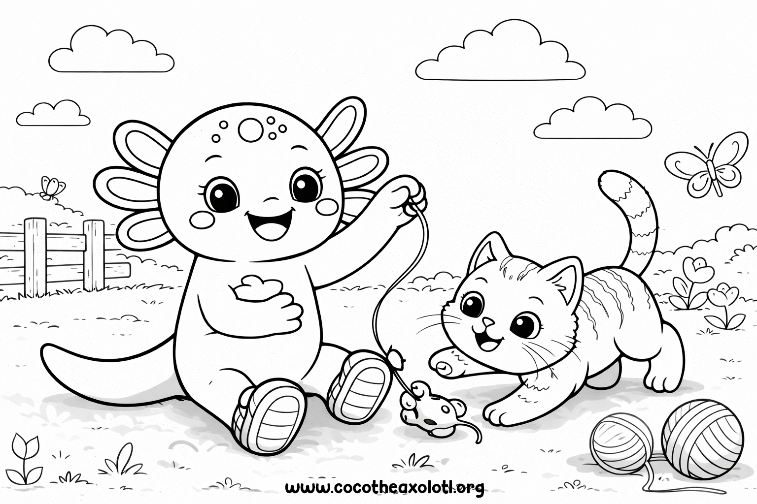 Cat coloring page - Coco the Axolotl playing with a kitten in a garden