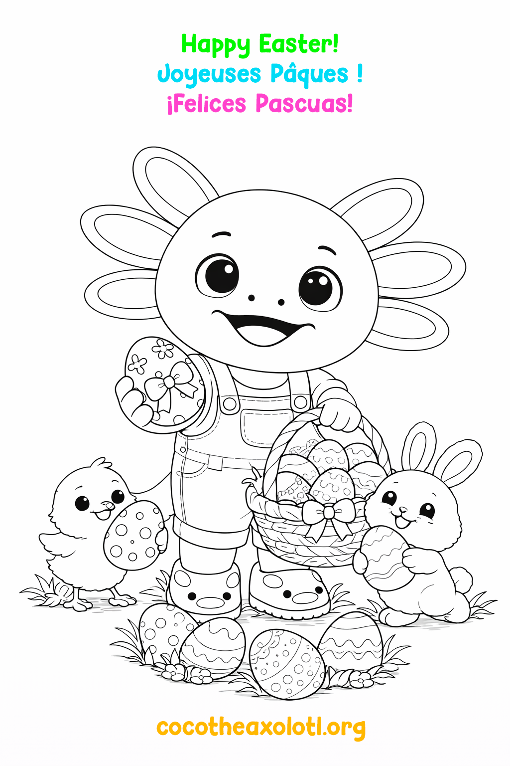 Easter coloring page - Coco the Axolotl with Easter eggs