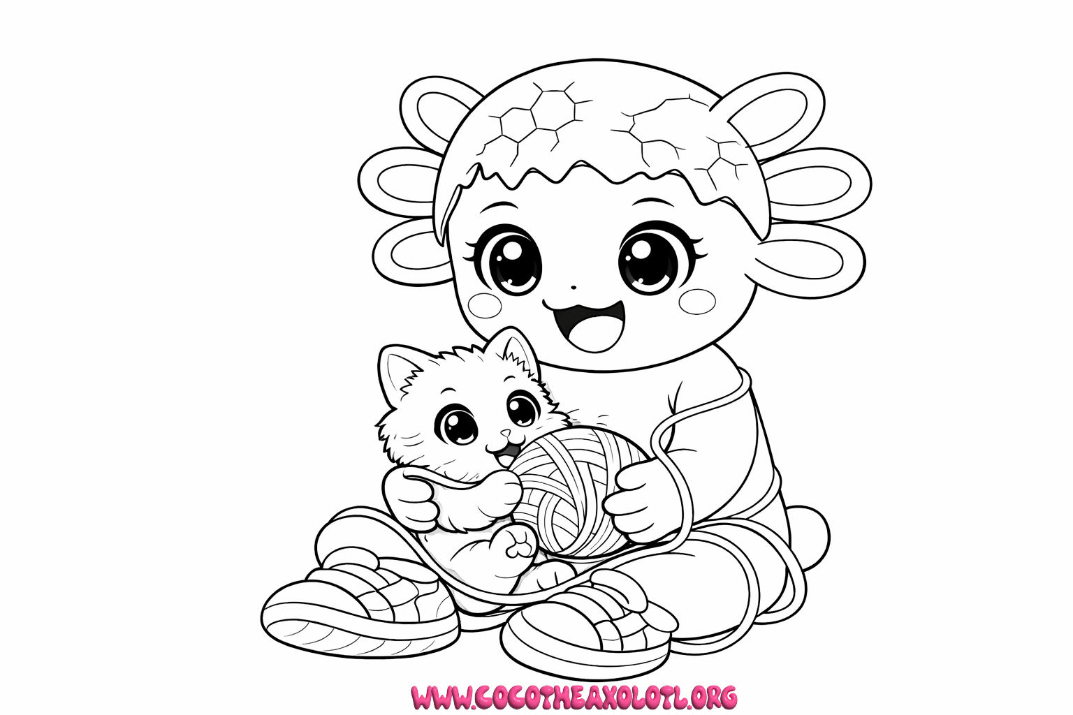 Kitten coloring page - Coco the Axolotl playing with a kitten and yarn