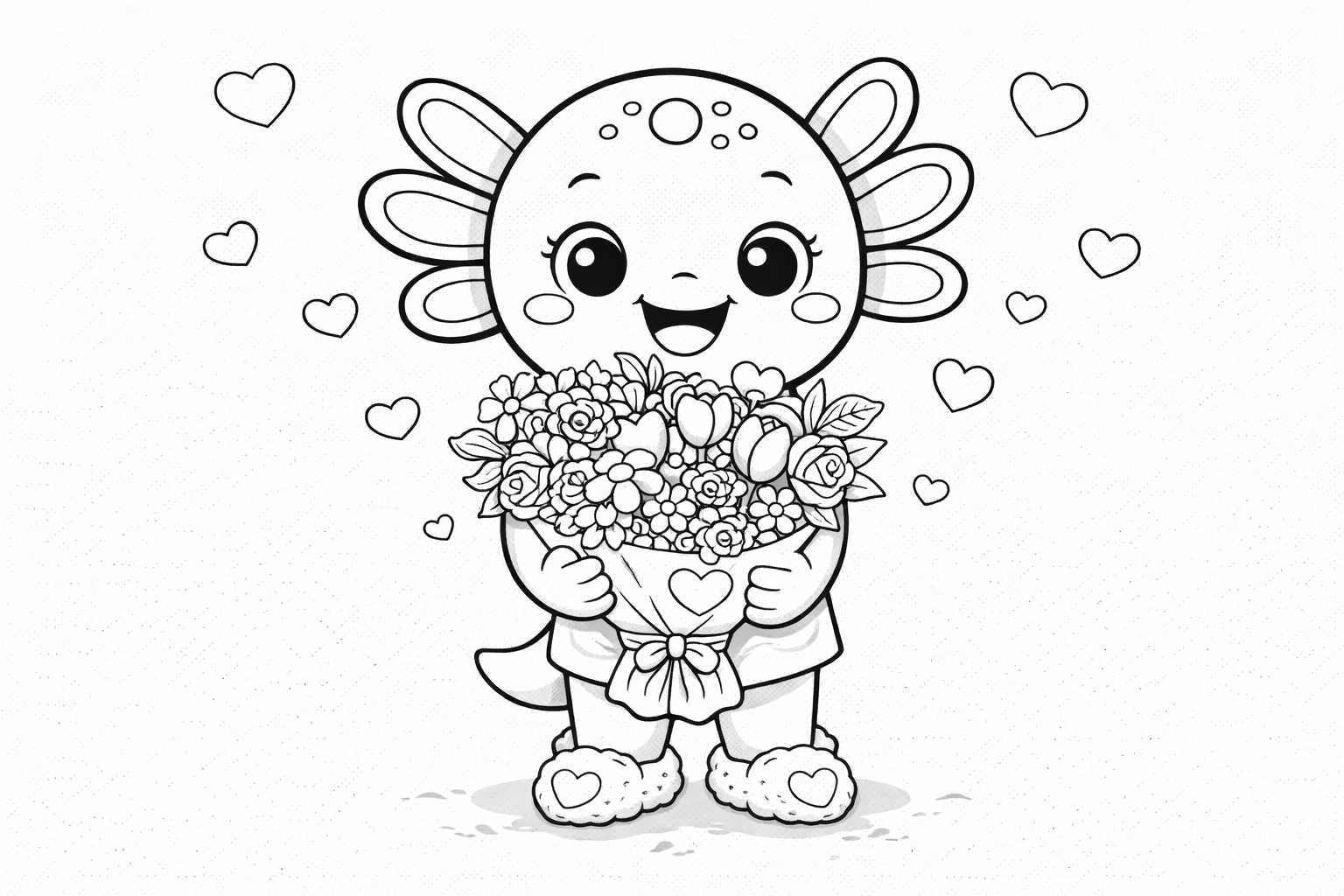 Free Valentine coloring page - Coco the Axolotl holding a big flower bouquet with roses, tulips and hearts