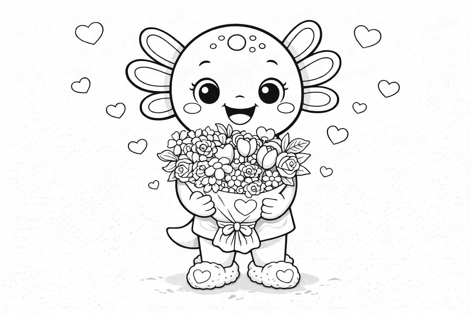 Valentine coloring page - Coco the Axolotl holding a flower bouquet