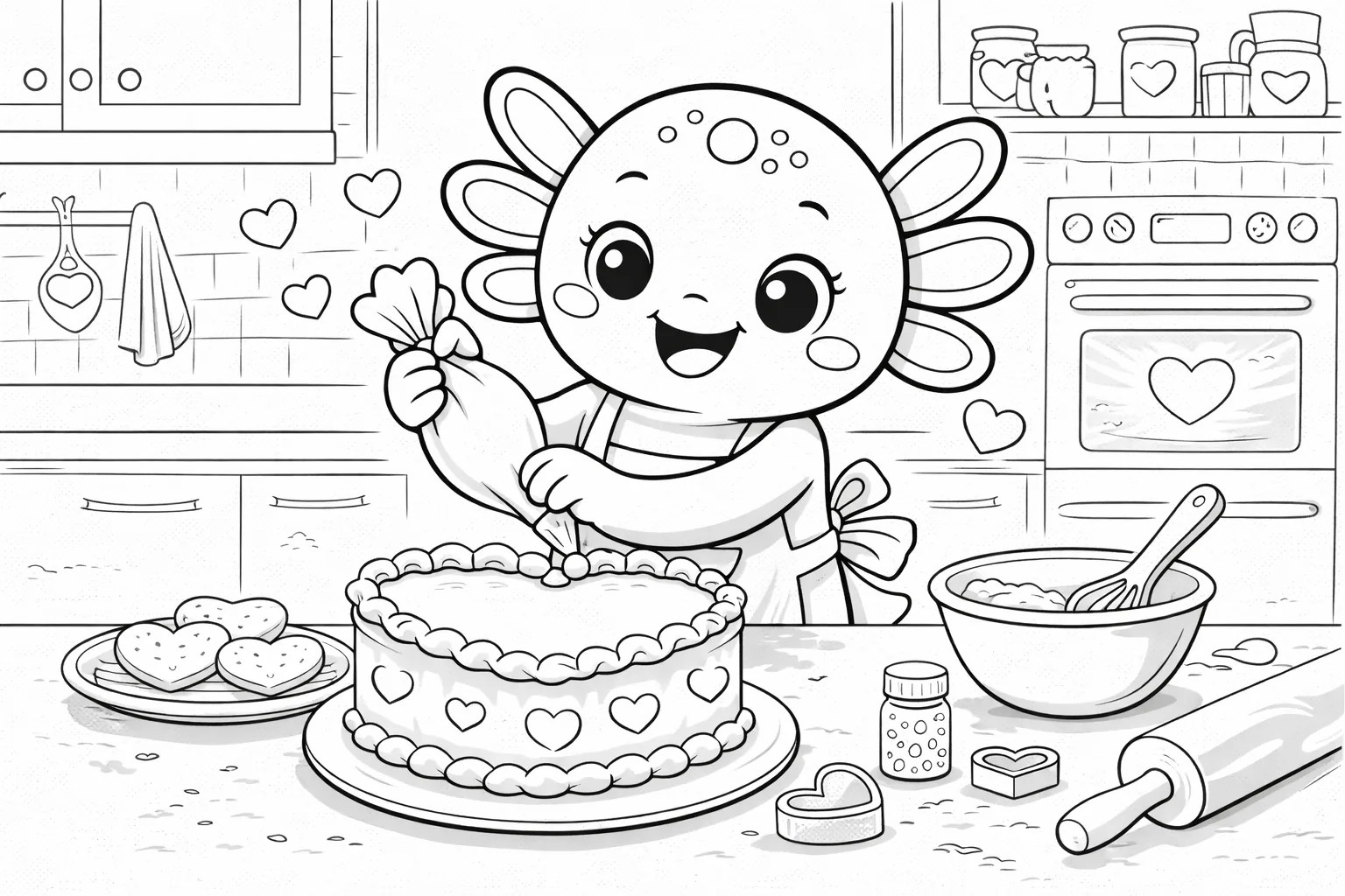 Valentine coloring page - Coco the Axolotl baking a heart cake with cookies