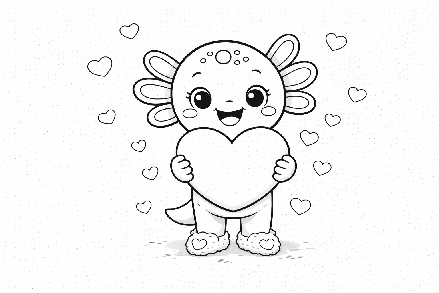 Valentine coloring page - Coco the Axolotl holding a big heart