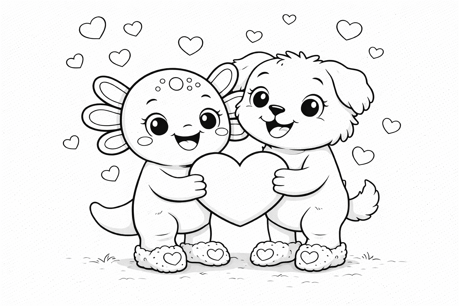 Valentine coloring page - Coco and a puppy holding a heart together
