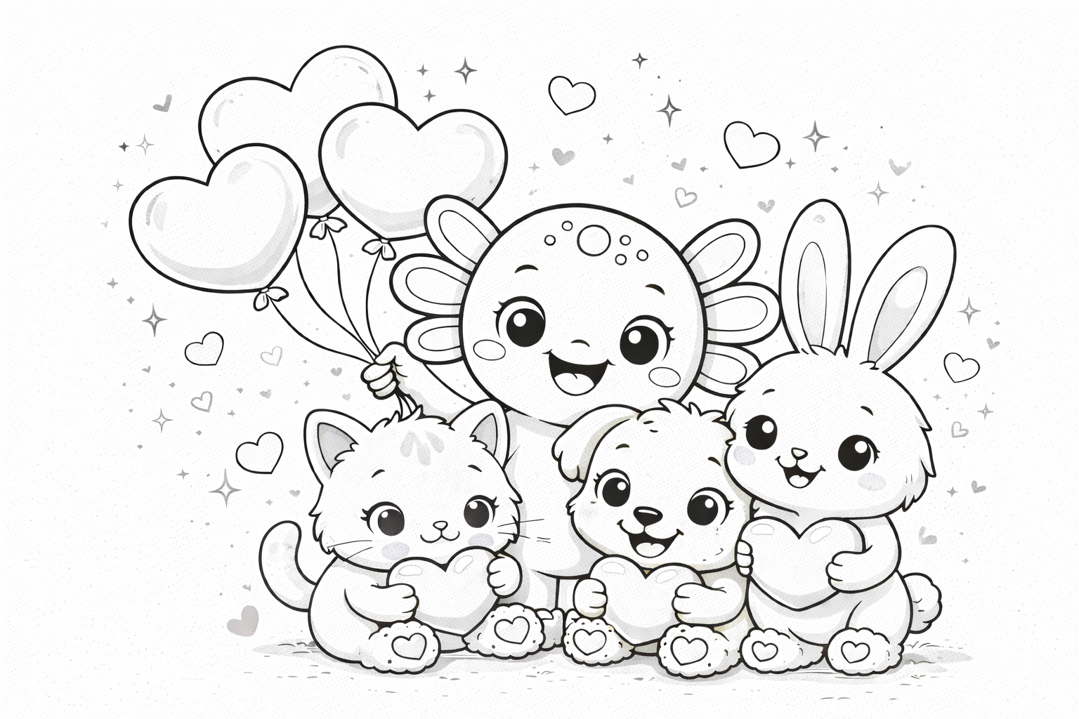Valentine coloring page - Coco the Axolotl with animal friends and a Friends banner