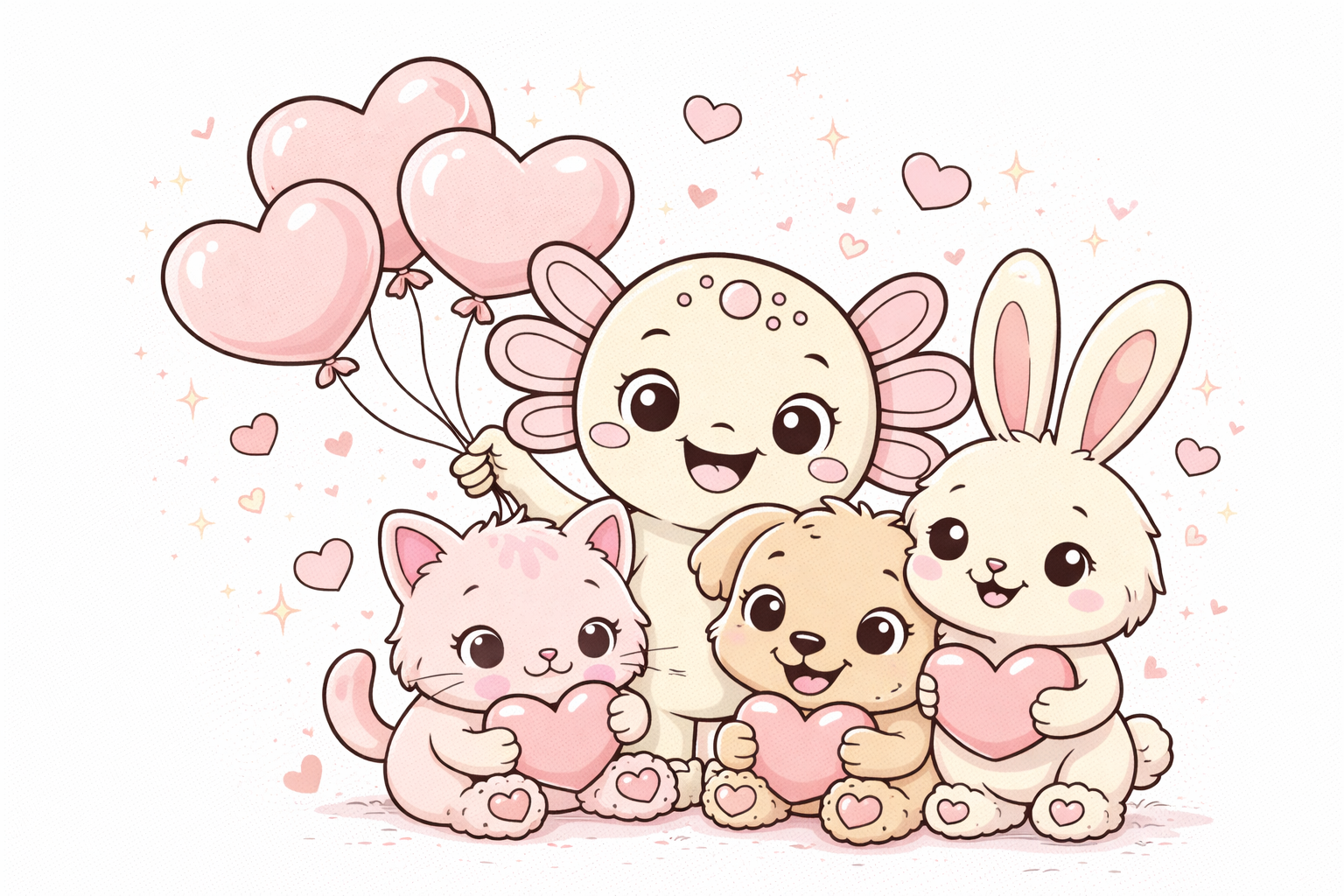 Valentine's Day coloring page sample - Coco the Axolotl with friends, colored version