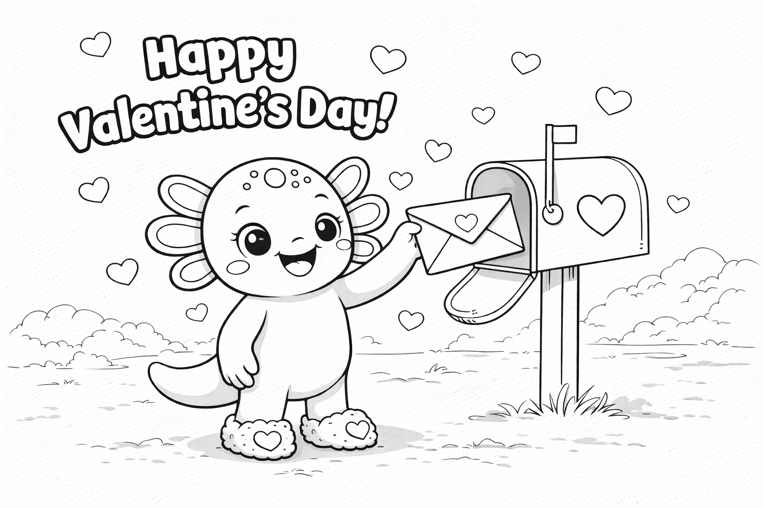 Valentine coloring page - Coco the Axolotl sending a Valentine card at a mailbox