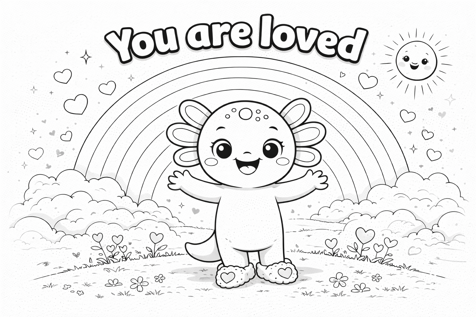 Valentine coloring page - Coco the Axolotl with You are Loved text